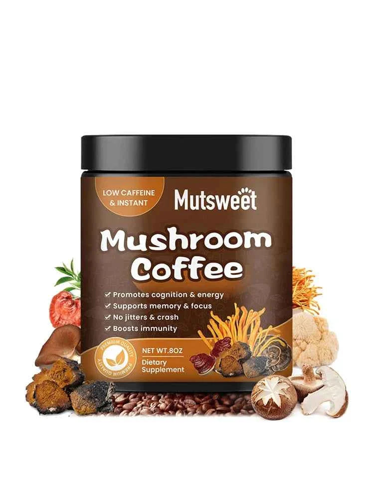 Organic ground coffee with lion's mane mushroom in instant coffee form, shown in a clear glass cup with a spoon.