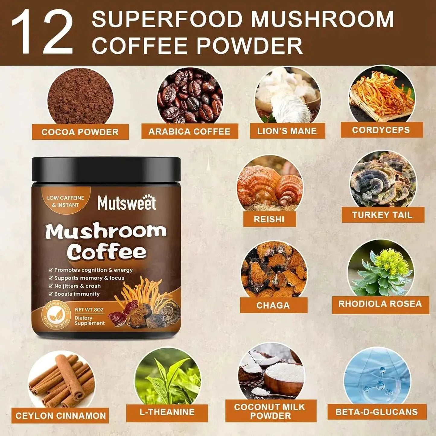 Organic ground coffee with Lion's Mane mushroom for instant brewing, featuring a rich coffee blend in a clear glass jar.