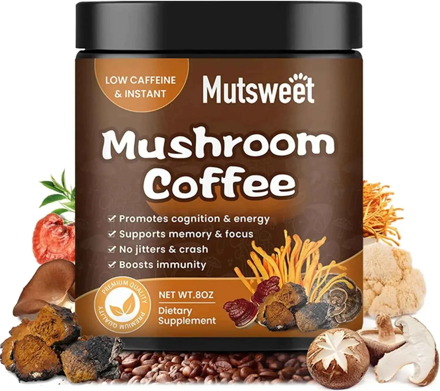 Organic ground instant coffee from Dabfavshop with Lion's Mane mushroom, featuring a jar of coffee and mushroom extract on a wooden surface.