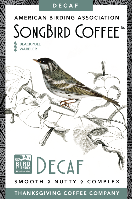 Front view of Thanksgiving Coffee Company's SongBird Decaf Medium Roast coffee bag with label and branding details