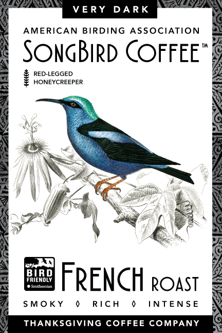 SongBird French Very Dark Roast coffee bag from Thanksgiving Coffee Company, front view showing branding and product label
