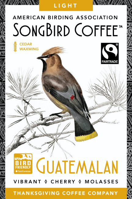 Light roast SongBird Guatemalan coffee from Thanksgiving Coffee Company, featuring a bag of FTO Guatemala coffee beans.