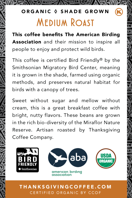 Medium roast SongBird Nicaraguan coffee bag from Thanksgiving Coffee Company, showcasing the packaging design.