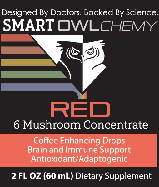 Red Drops Smart Owlchemy mushroom extract supplement drop in a 2oz bottle with a dropper, designed for health and wellness.