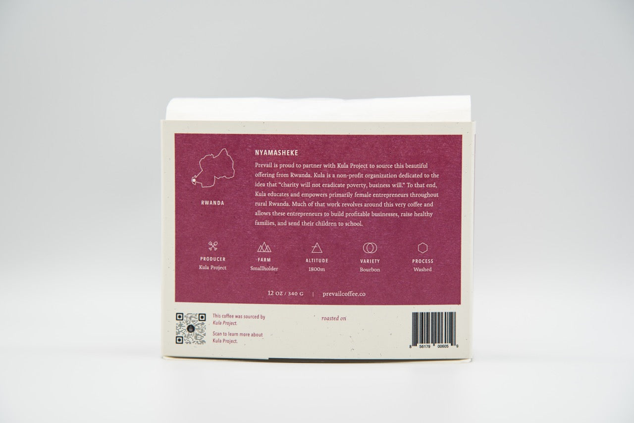 Prevail Coffee Rwanda Nyamasheke coffee beans in a bag, showcasing the fresh roasted coffee product.