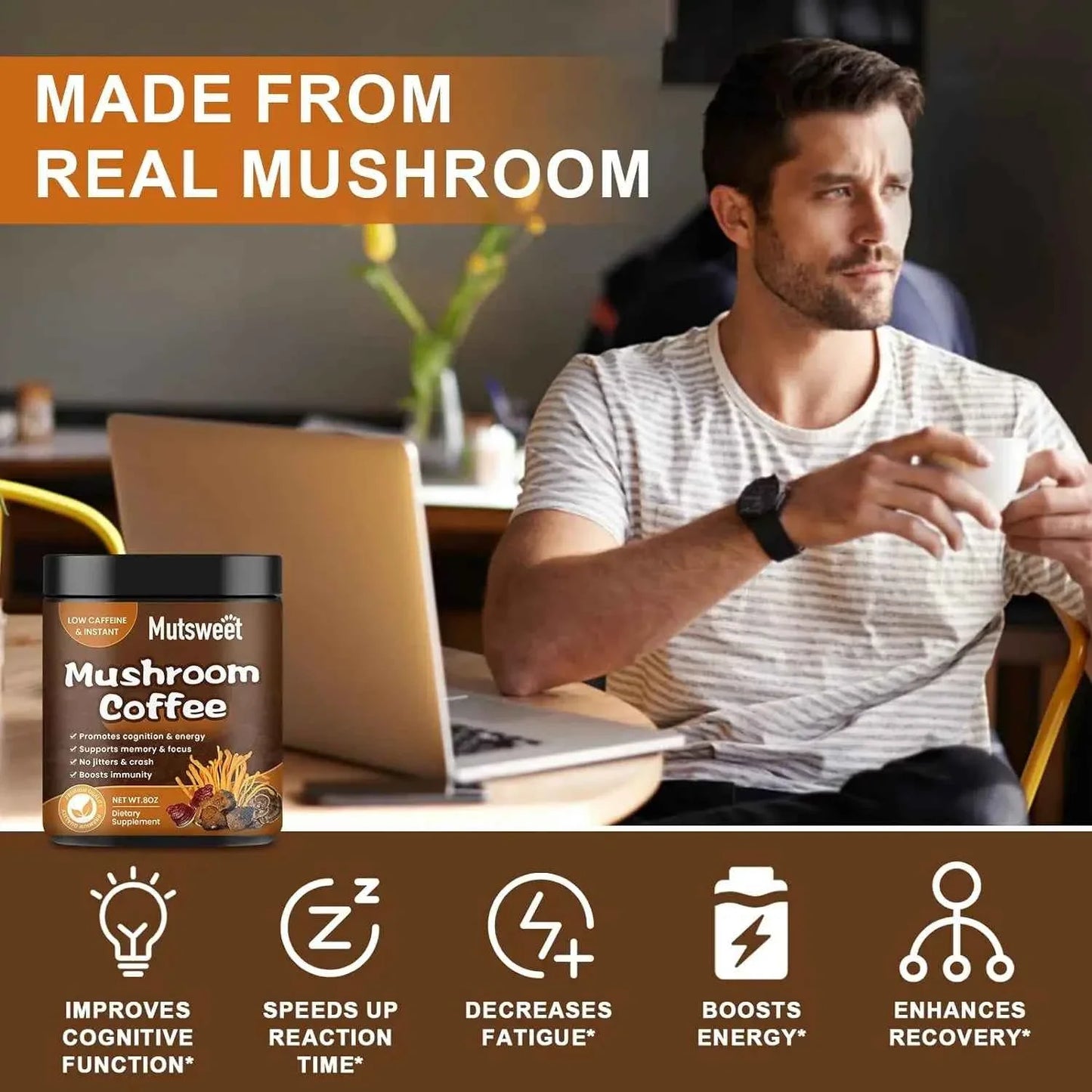 Organic ground coffee with lion's mane mushroom for instant brewing, from Dabfavshop, shown in a resealable bag.
