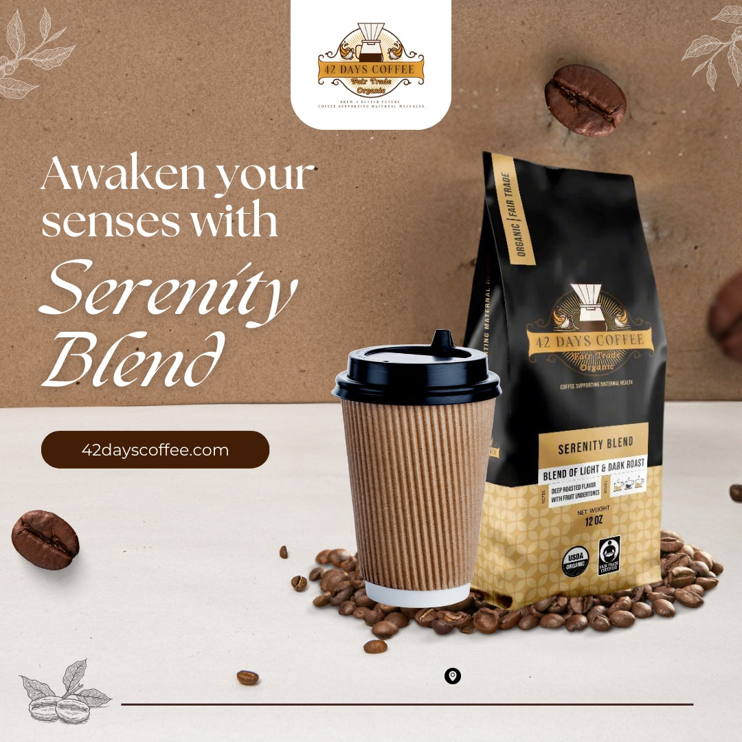 Gourmet organic Serenity Blend coffee from 42 Days Coffee, featuring light and dark roast beans in a stylish bag.