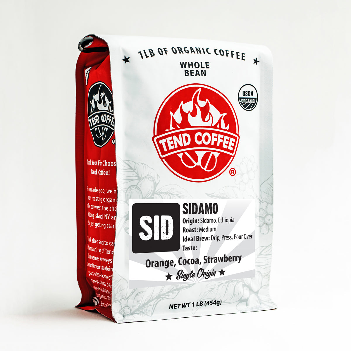Tend Coffee Sidamo coffee bag, 1lb, with vibrant label design, showcasing high-quality Ethiopian coffee beans.