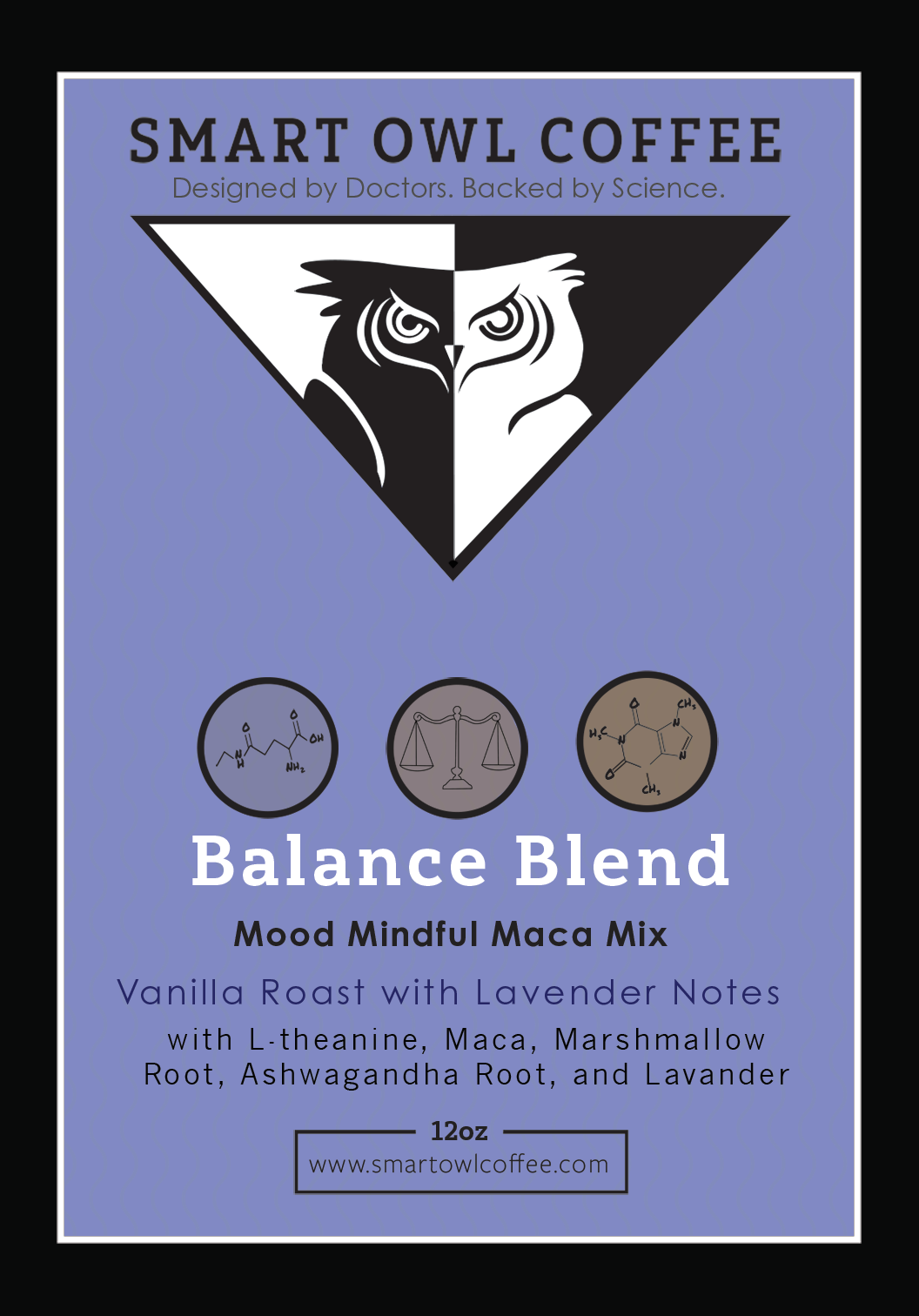 Smart Owl Coffee Balance Blend Vietnamese Lavender Coffee in a labeled bag with lavender accents and a clear product label.