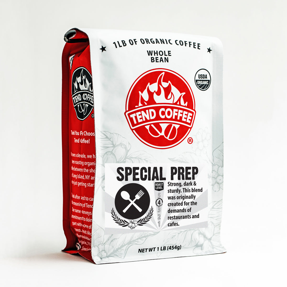 Tend Coffee Special Prep Blend coffee bag with label visible, showcasing the premium coffee packaging and branding.