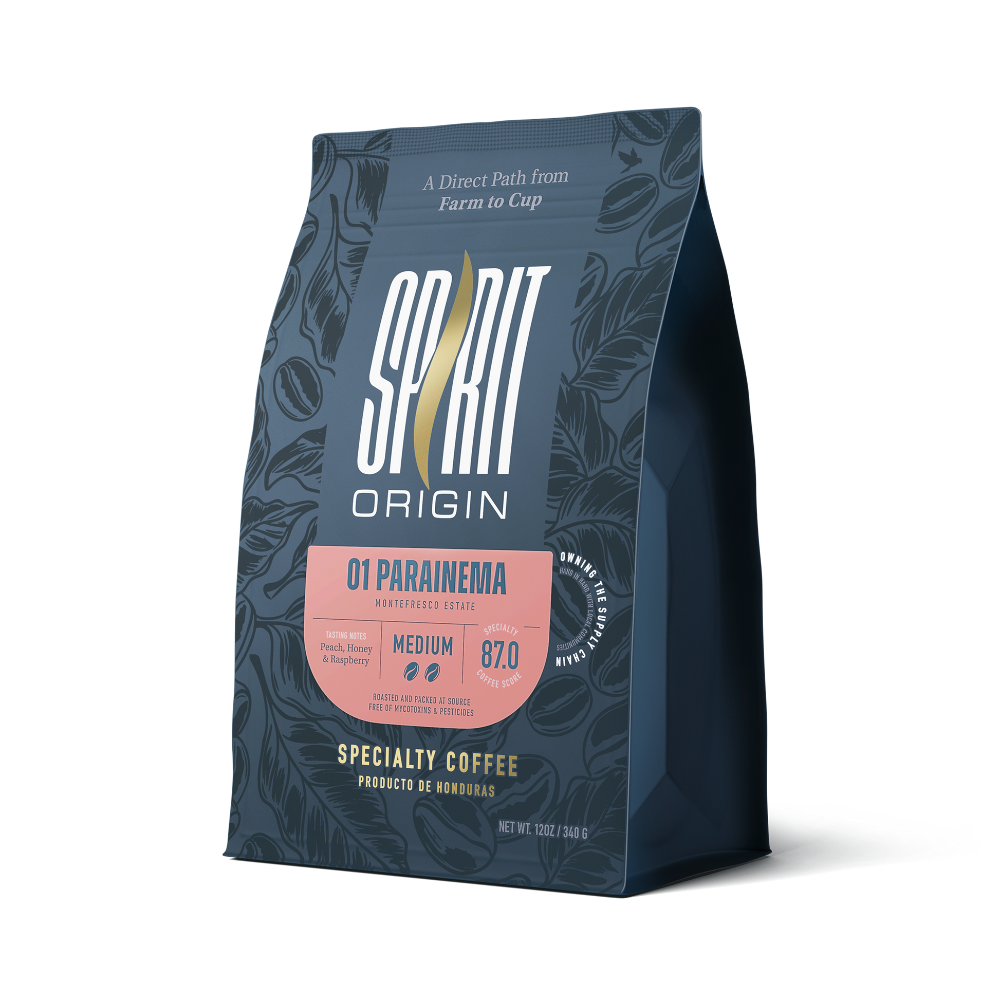 Bag of Spirit Animal Coffee Honduras Monte Fresco Parainema washed coffee beans in a 340g pouch, angled view showing branding and packaging.