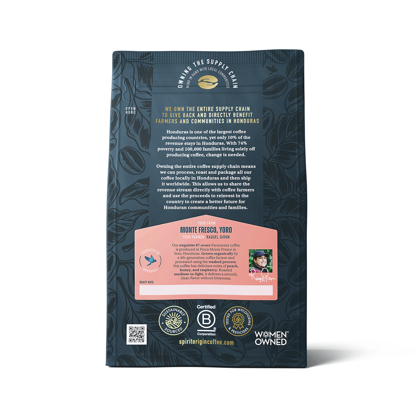 Back of 340g Spirit Animal Coffee Honduras Monte Fresco Parainema washed coffee pouch showing product label and branding.