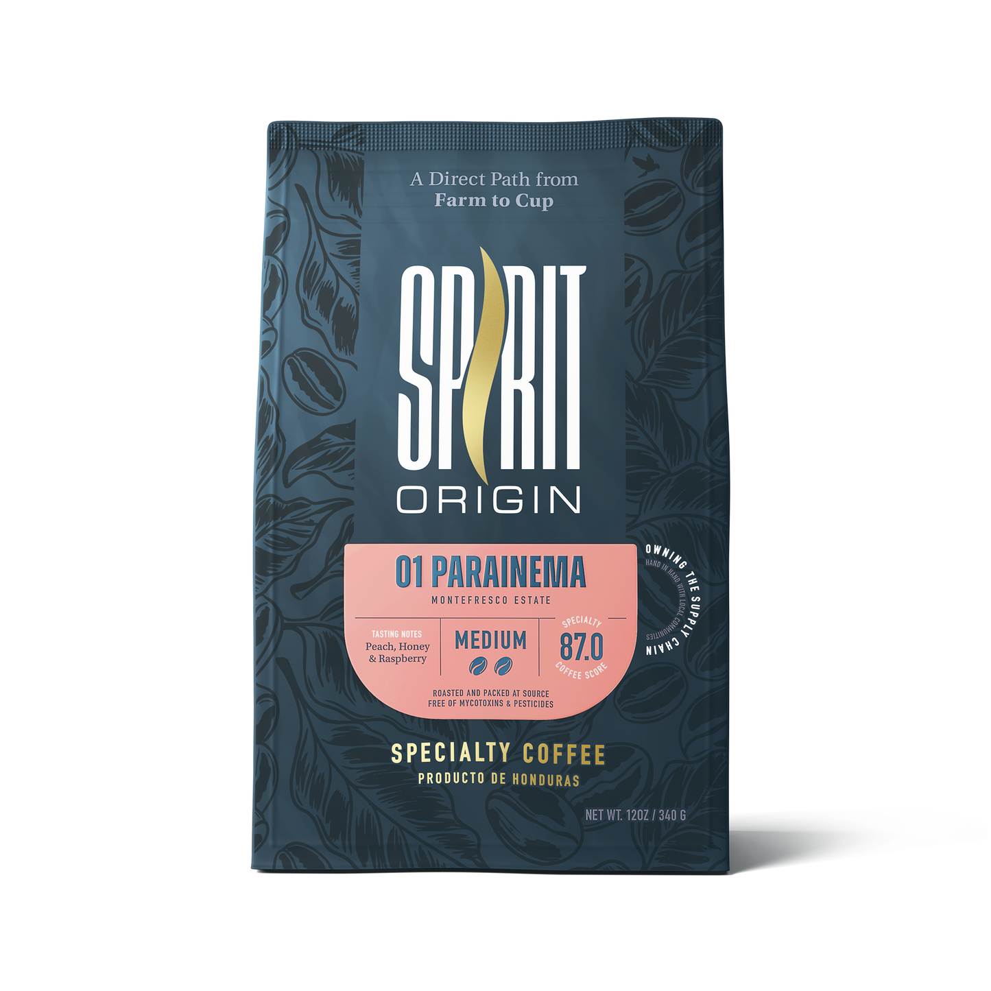 Honduras Monte Fresco Spirit Animal Coffee Parainema washed coffee pouch with front label and branding.