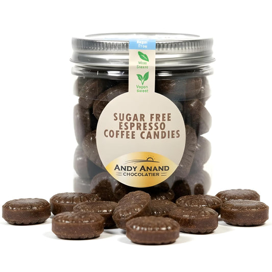 Andyanand sugar free espresso coffee hard candy in a clear wrapper, gluten-free, stevia sweetened, 7 oz package.