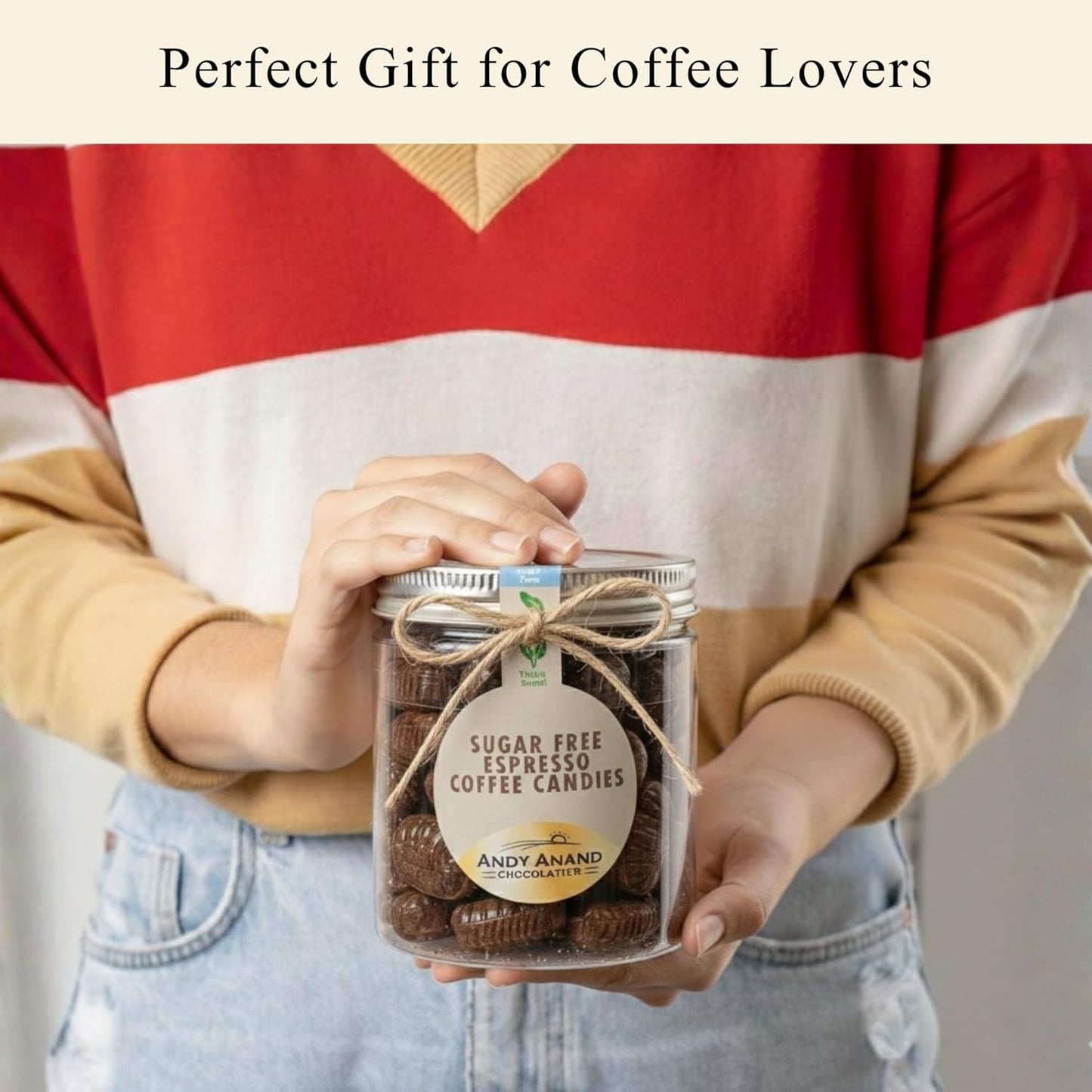 Andyanand sugar free espresso coffee hard candy in a clear wrapper, gluten-free and stevia sweetened, 7 oz package.