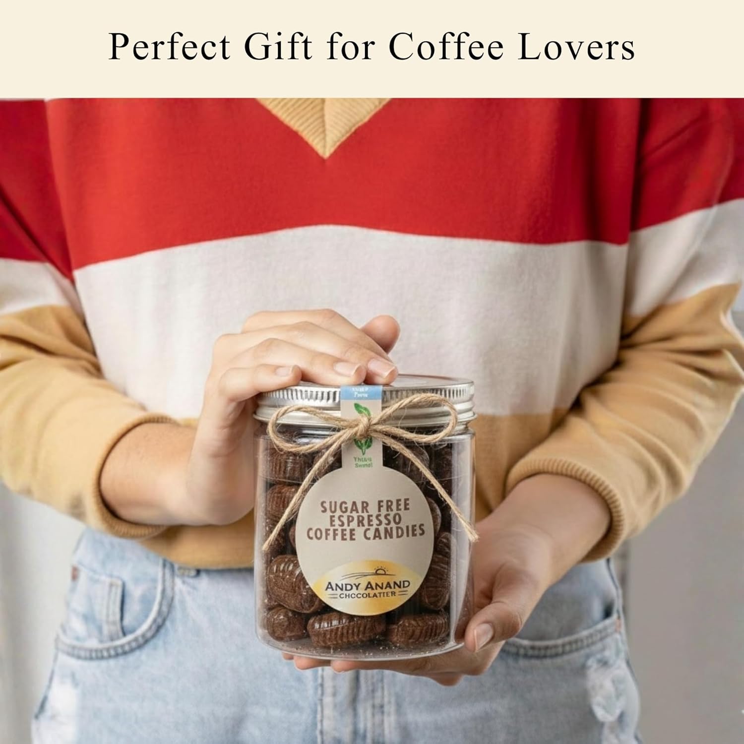 Andyanand sugar free espresso coffee hard candy in a clear wrapper, gluten-free and stevia sweetened, 7 oz package.