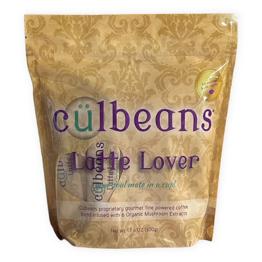 Cülbeans Latte Lover sweet latte blend in a clear glass mug, showcasing rich, creamy coffee with frothy milk and latte art.