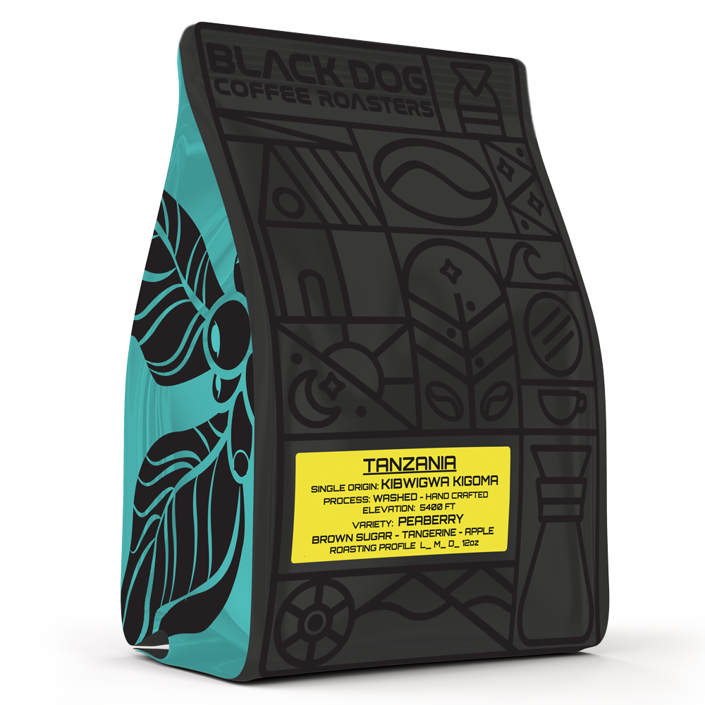Tanzania Peaberry coffee beans from Black Dog Coffee Roasters displayed in a bag with a Tanzania map background.
