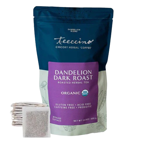 Dandelion Dark Roast herbal tea by Teeccino, 50-count box, featuring dried dandelion roots and herbs in a natural tea blend.