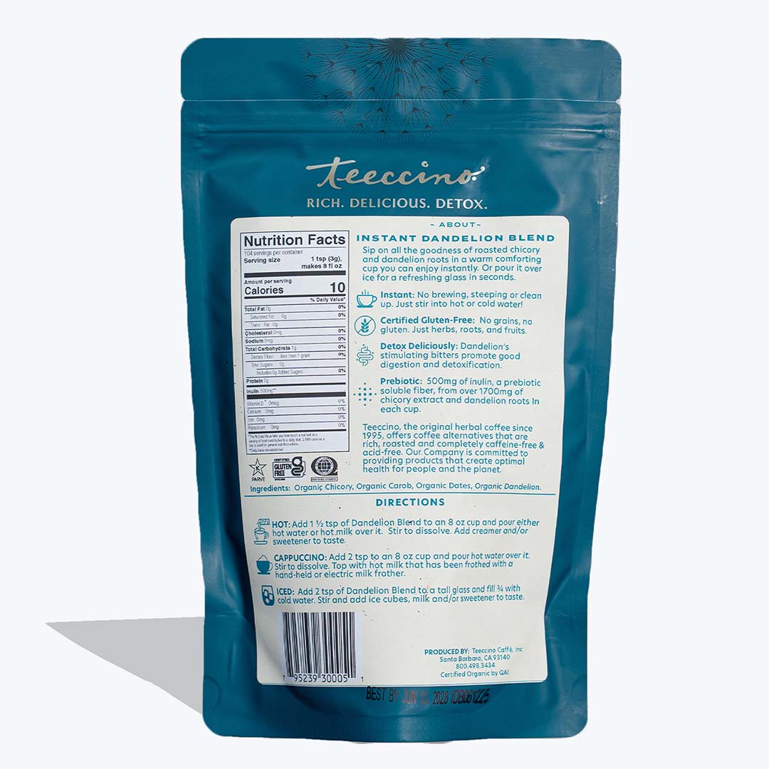Teeccino instant dandelion herbal coffee in a jar, showcasing the coffee's natural dandelion roots and herbal blend.