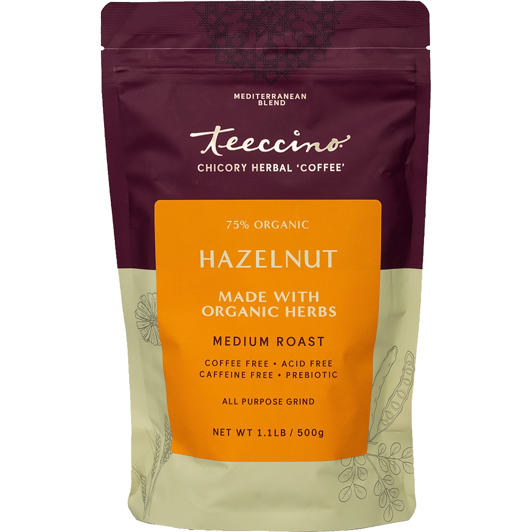 Teeccino Hazelnut Herbal Coffee alternative in a 500g package, showcasing the herbal coffee blend with hazelnut flavor without background.