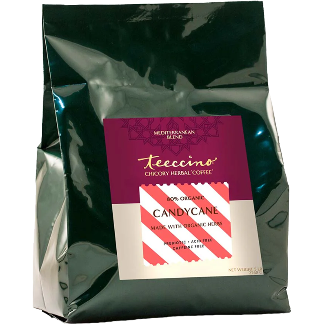 Teeccino Candy Cane herbal coffee in 5lb bag, featuring a festive red and white candy cane design on the packaging.