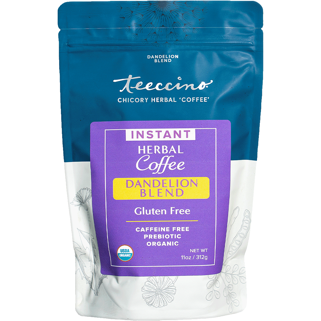 Instant Dandelion Herbal Coffee by Teeccino in a clear front view, showcasing the packaging with no background.