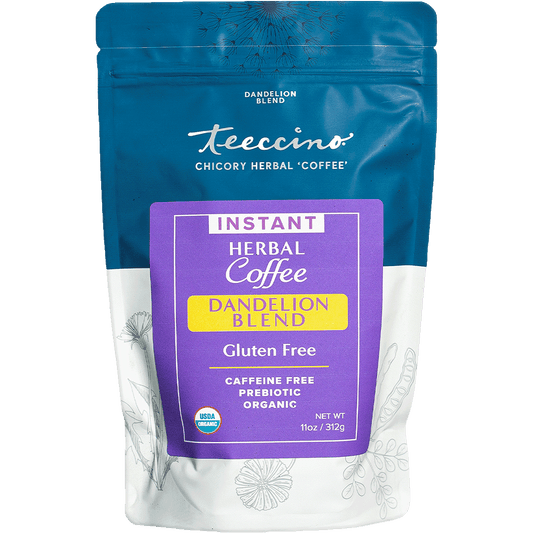 Instant Dandelion Herbal Coffee by Teeccino in a clear front view, showcasing the packaging with no background.