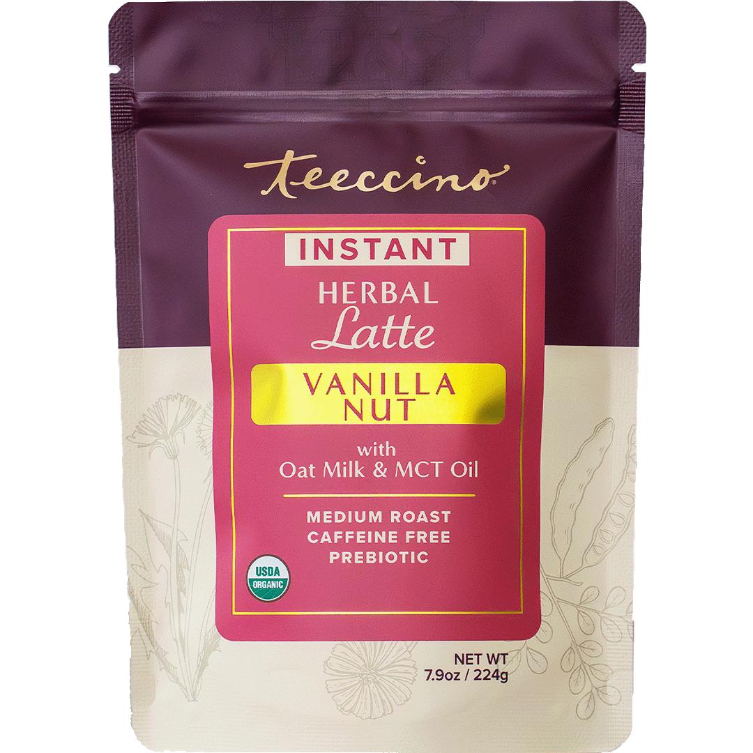 Front view of Teeccino Instant Vanilla Nut Herbal Latte package with vanilla and nut flavor visuals on a plain background