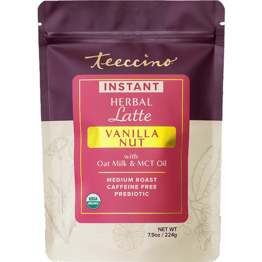 Front view of Teeccino Instant Vanilla Nut Herbal Latte package with vanilla and nut flavor visuals on a plain background