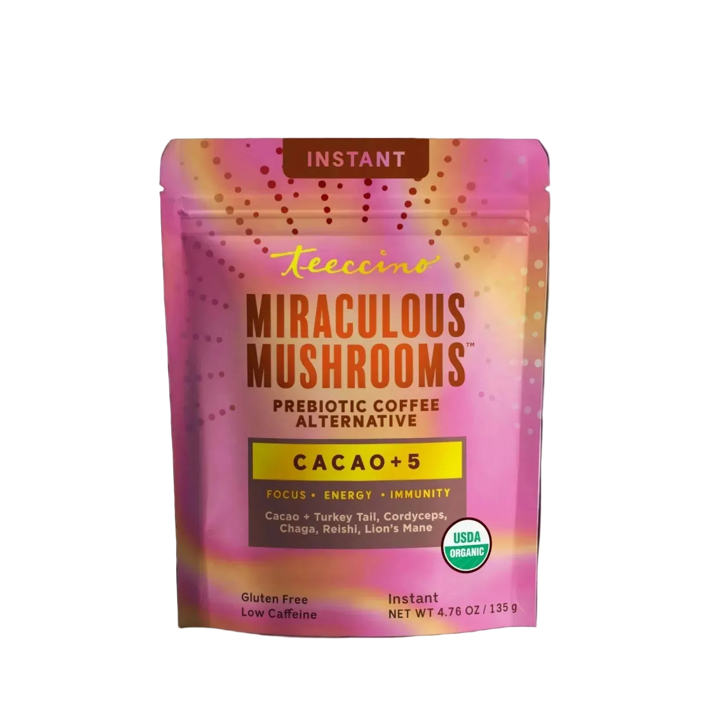 Teeccino Miraculous Mushrooms Cacao instant coffee package with branding and product label visible.