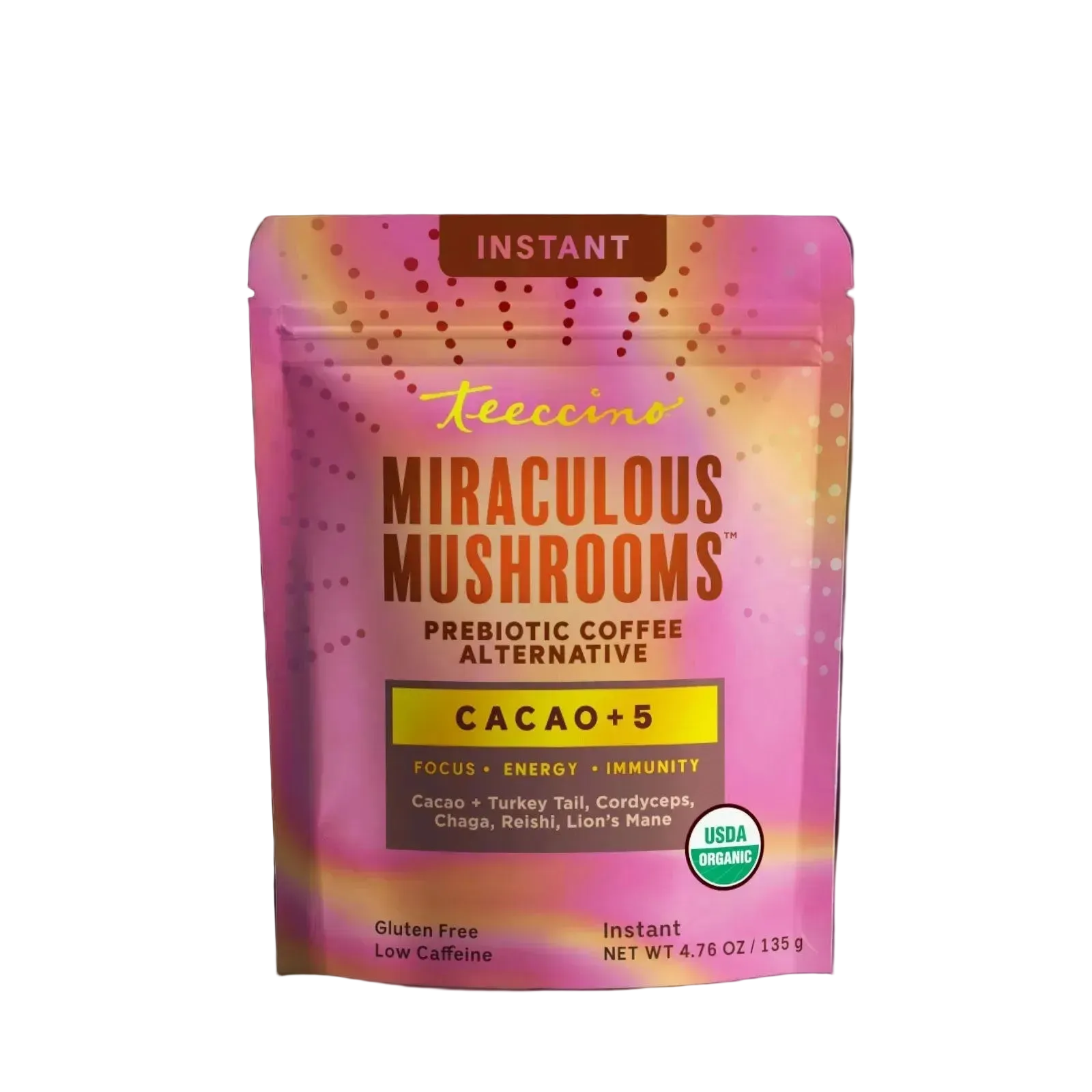 Teeccino Miraculous Mushrooms Cacao instant coffee package with branding and product label visible.