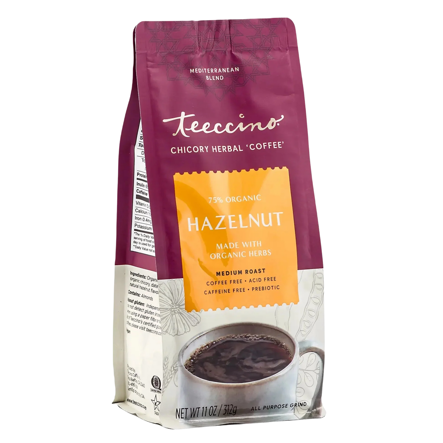 Teeccino Hazelnut Chicory Herbal Coffee bag with front label and packaging showing the herbal coffee brand and hazelnut flavor.