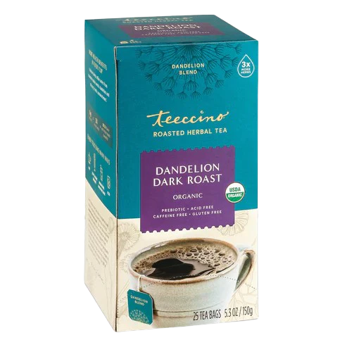 A box of Teeccino Dandelion Dark Roast Herbal Tea with 25 tea bags, showing the packaging and tea bags inside.