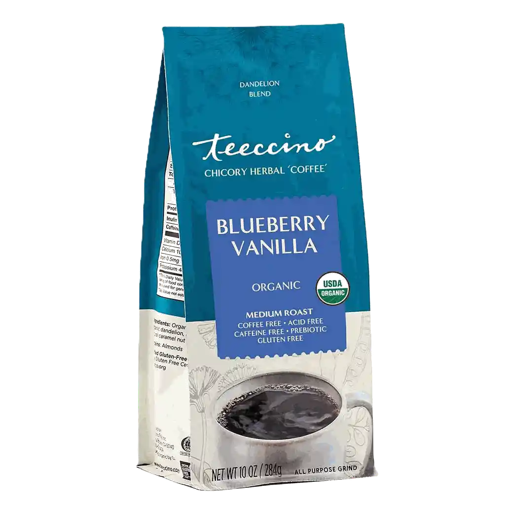 Blueberry vanilla chicory herbal coffee by Teeccino in a mug, showcasing the herbal coffee blend with a blueberry and vanilla flavor profile.