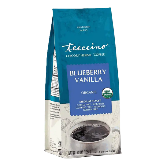 Blueberry vanilla chicory herbal coffee by Teeccino in a mug, showcasing the herbal coffee blend with a blueberry and vanilla flavor profile.