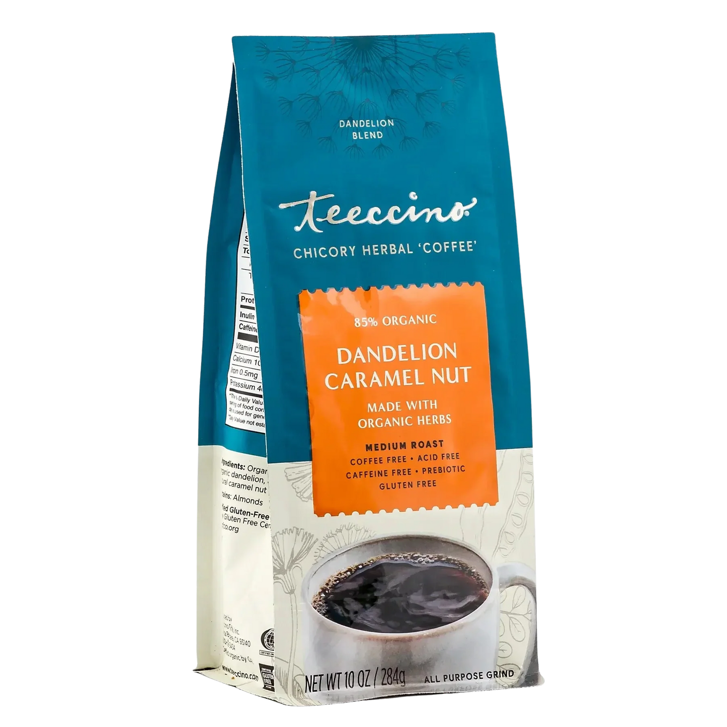 Front angle of Teeccino Dandelion Caramel Nut herbal coffee bag with colorful label and product details.
