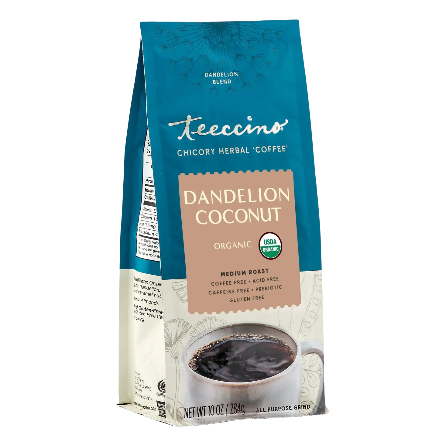 Front angle of Teeccino Dandelion Coconut Herbal Coffee package showing the product label and branding.