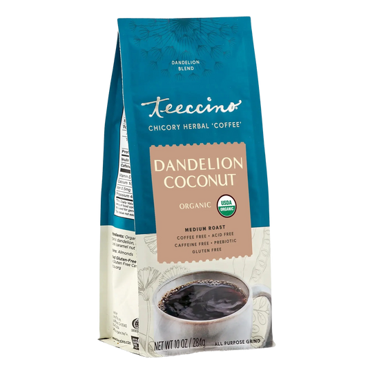 Front angle of Teeccino Dandelion Coconut Herbal Coffee package showing the product label and branding.
