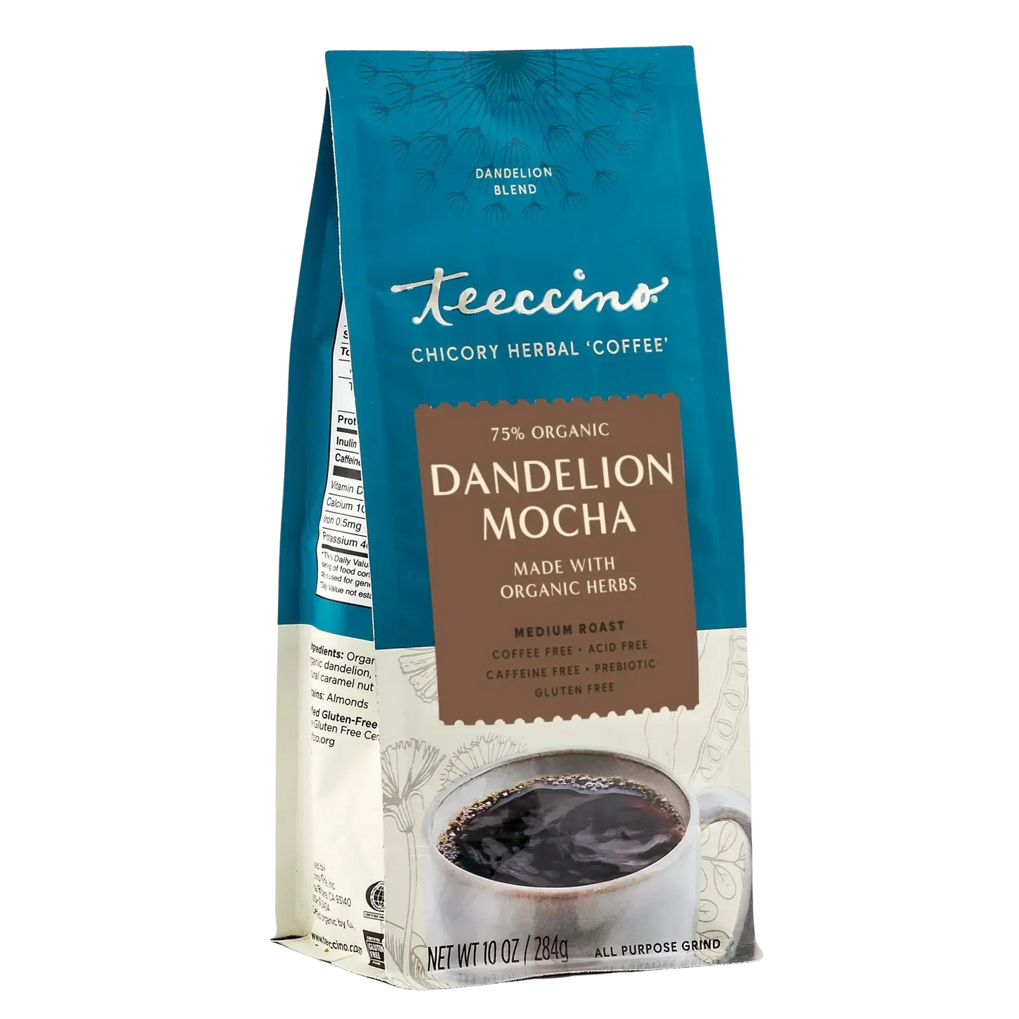 Front angle of Teeccino Dandelion Mocha Herbal Coffee bag showcasing the product packaging and branding.