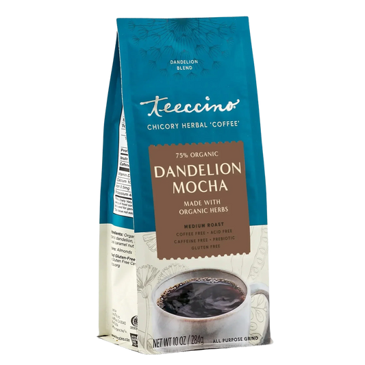 Front angle of Teeccino Dandelion Mocha Herbal Coffee bag showcasing the product packaging and branding.