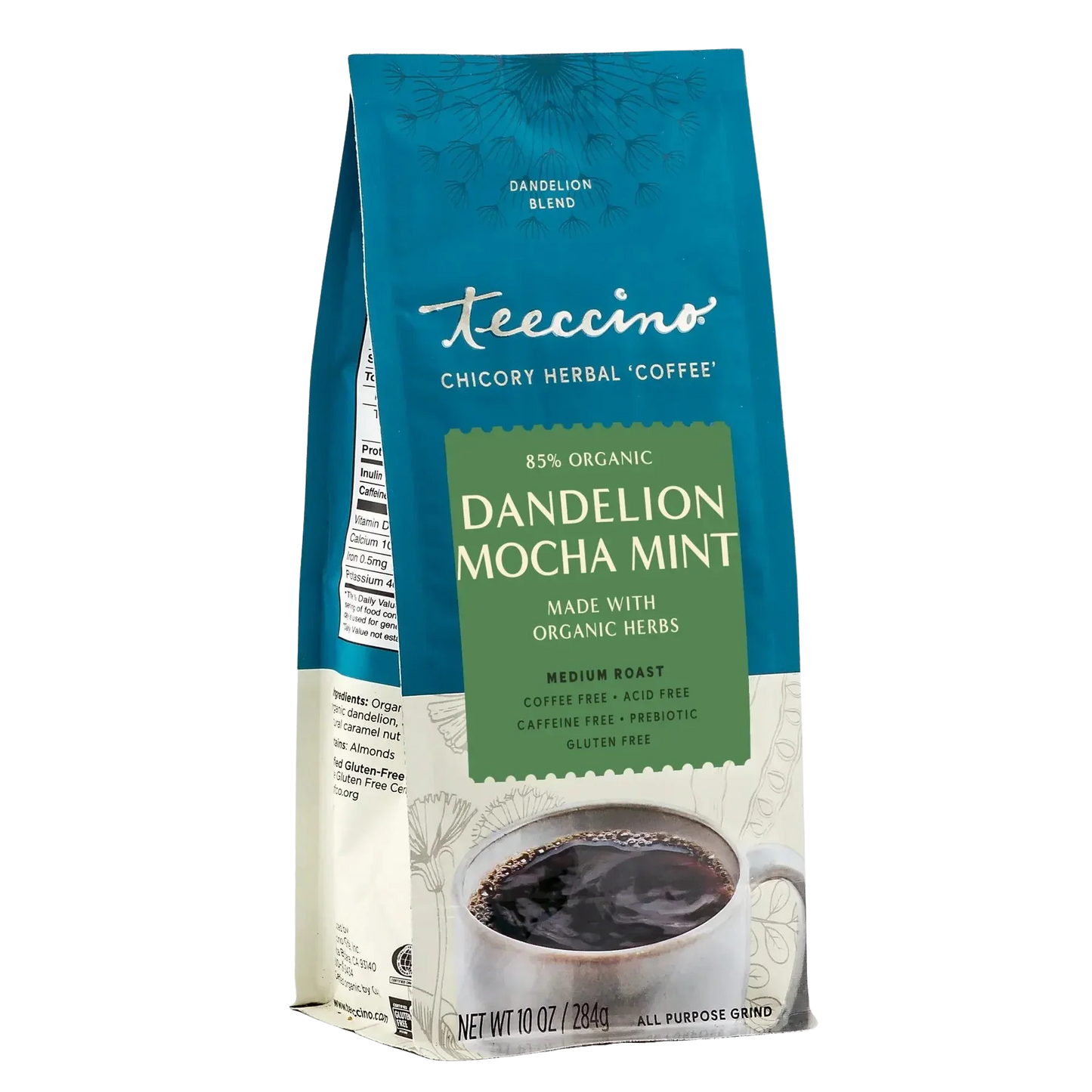 Teeccino Dandelion Mocha Mint herbal coffee in a bag, showing the front angle of the packaging with colorful branding and product details.