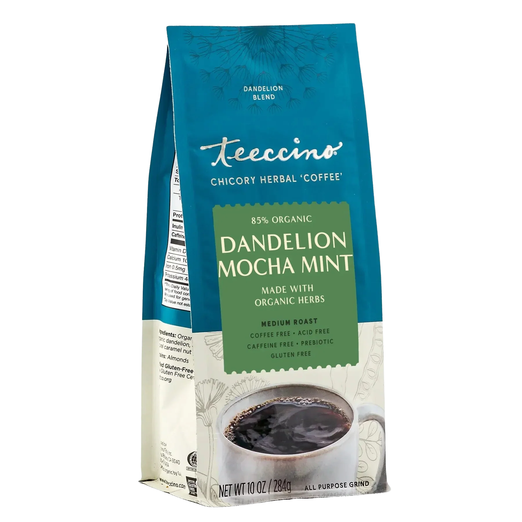 Teeccino Dandelion Mocha Mint herbal coffee in a bag, showing the front angle of the packaging with colorful branding and product details.