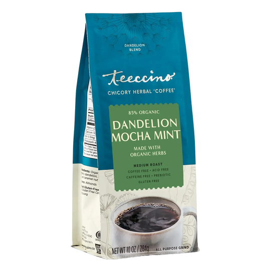 Teeccino Dandelion Mocha Mint herbal coffee in a bag, showing the front angle of the packaging with colorful branding and product details.