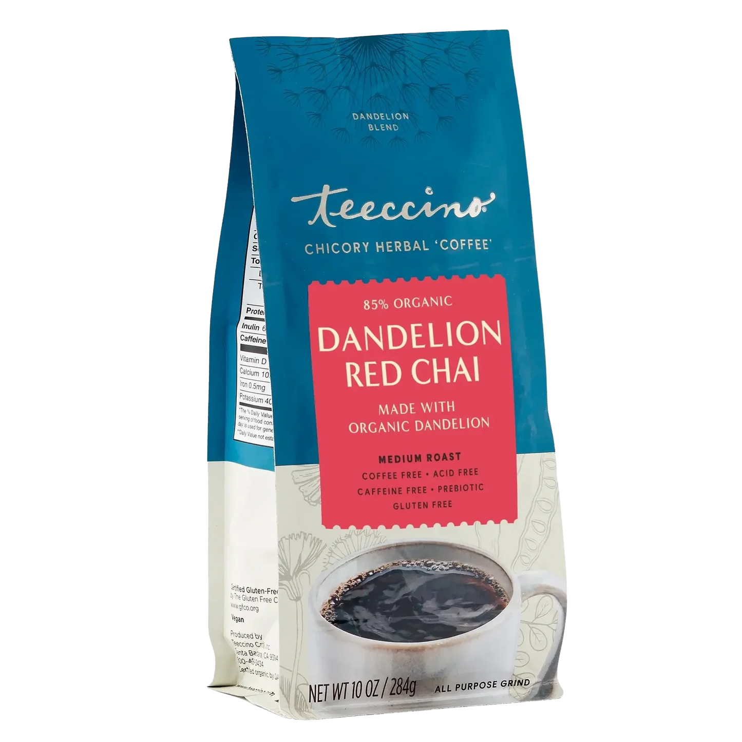Front view of a 10oz box of Teeccino Dandelion Red Chai Herbal Coffee with herbal tea packaging design.