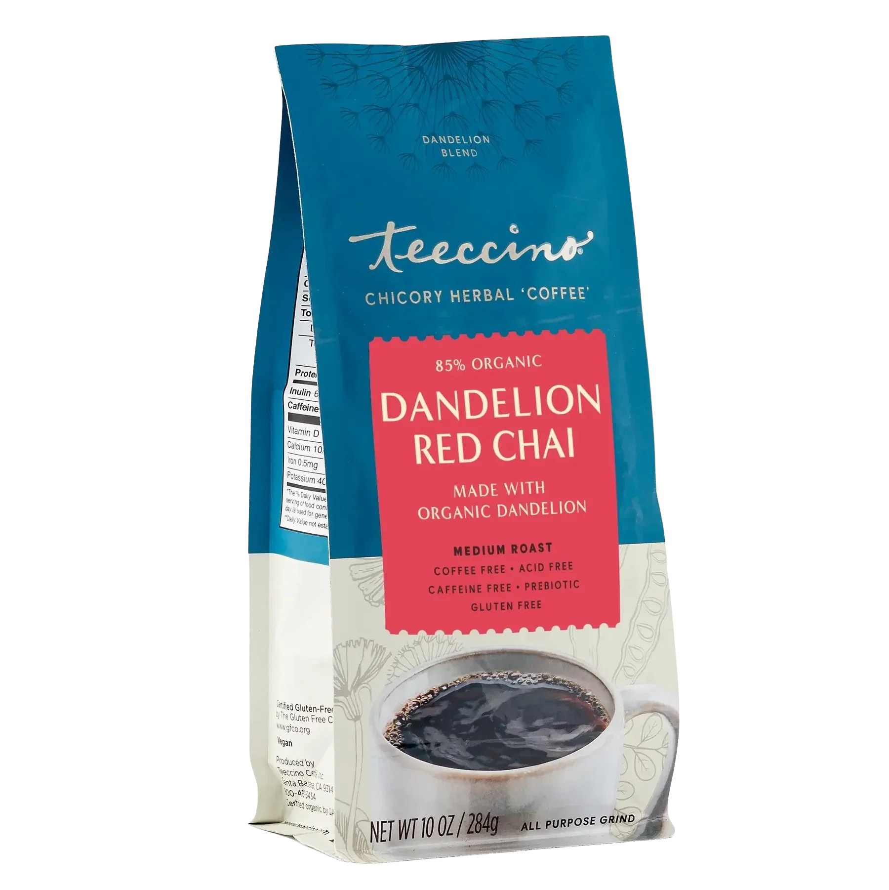 Front view of a 10oz box of Teeccino Dandelion Red Chai Herbal Coffee with herbal tea packaging design.