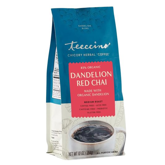 Front view of a 10oz box of Teeccino Dandelion Red Chai Herbal Coffee with herbal tea packaging design.