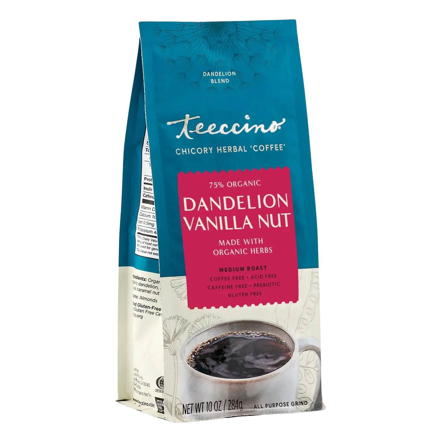 Front angle of Teeccino Dandelion Vanilla Nut herbal coffee package showing the colorful label and product branding.