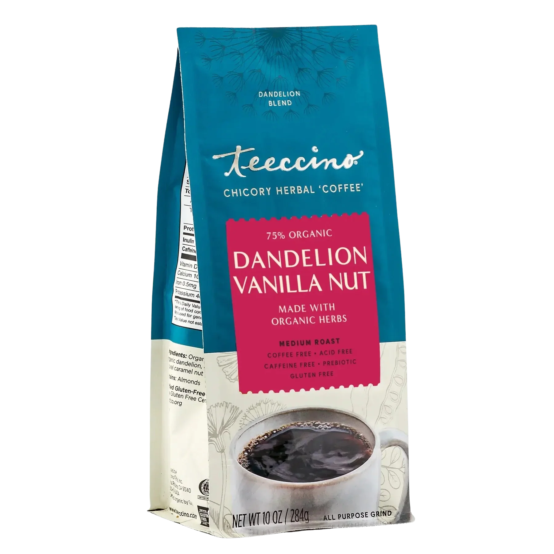 Front angle of Teeccino Dandelion Vanilla Nut herbal coffee package showing the colorful label and product branding.