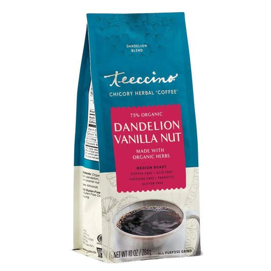 Front angle of Teeccino Dandelion Vanilla Nut herbal coffee package showing the colorful label and product branding.